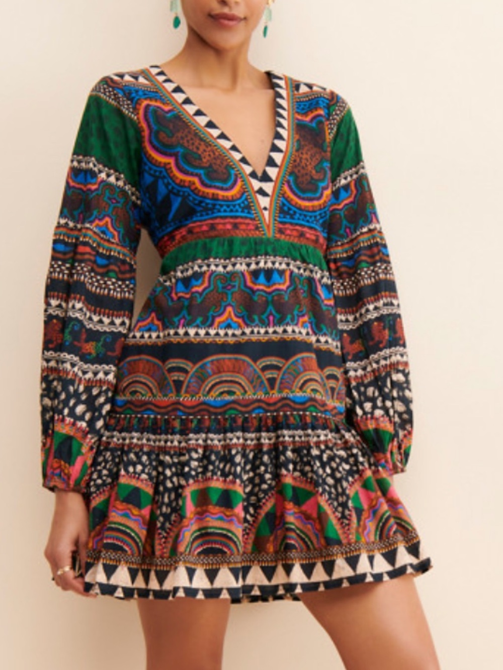 FARM Rio Green & Blue Printed V-Neck Tiered Mini Dress